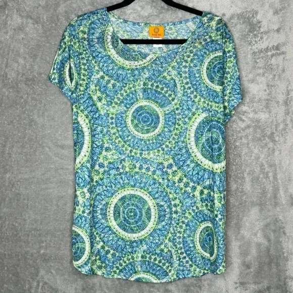 Ruby Rd 1X Shirt Top Blue Paisley Cap Short Sleeve Round Neck Knit Casual Womens - Picture 1 of 6